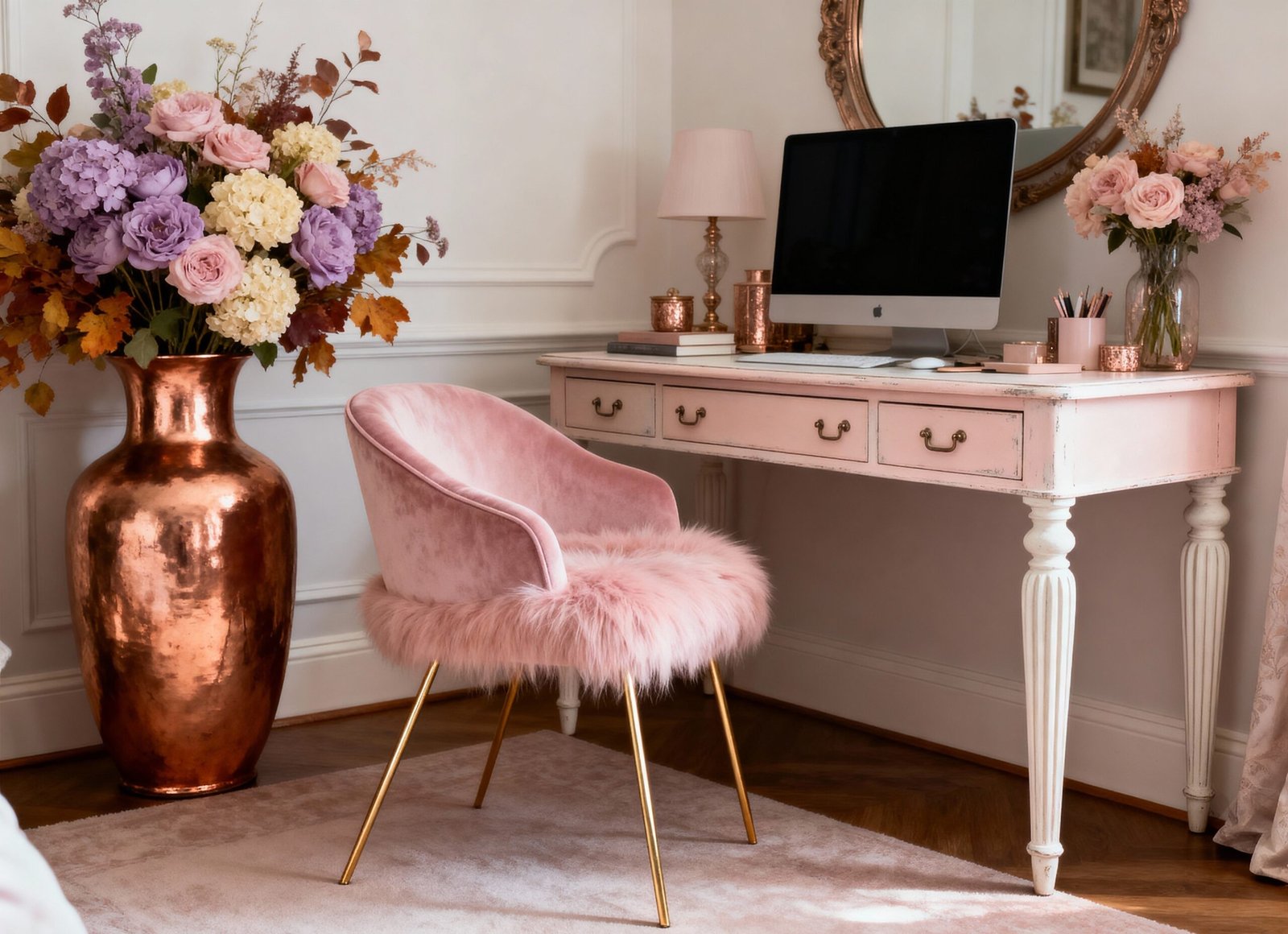 Design a dreamy home office with soft colors, floral prints, and cozy textures
