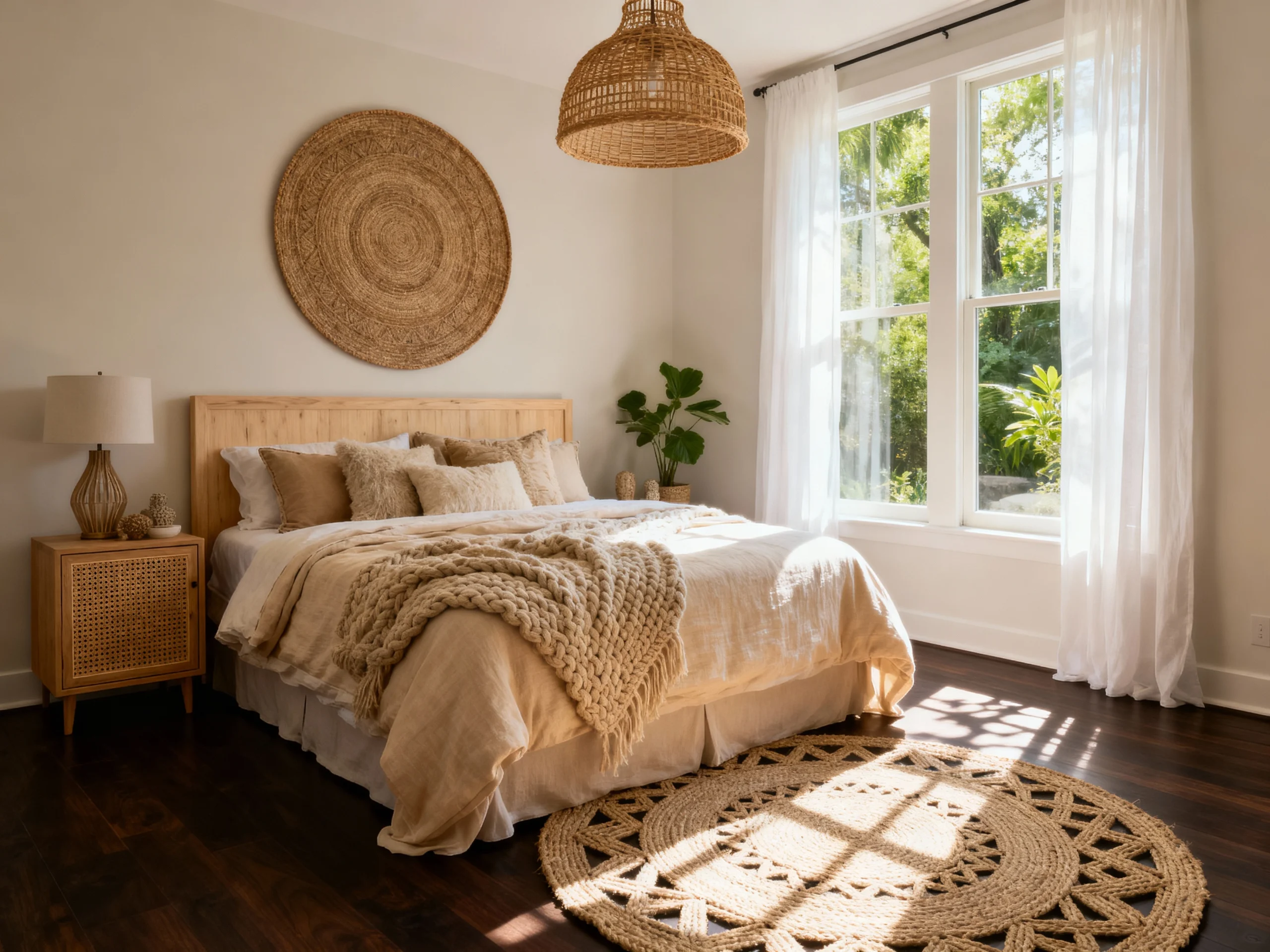 Dreamy Boho Chic Bedroom Ideas with Macrame, Rattan & Layered Textile Decor.