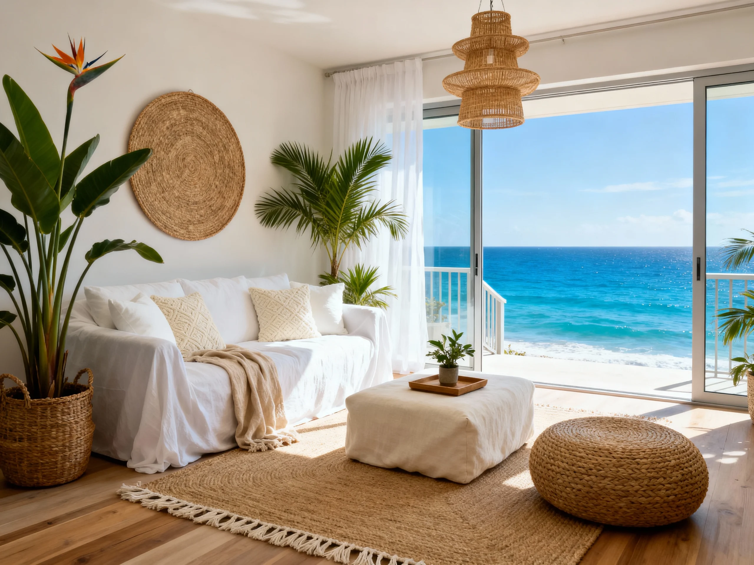 Neutral Coastal Living Room With Natural Wood Accents
