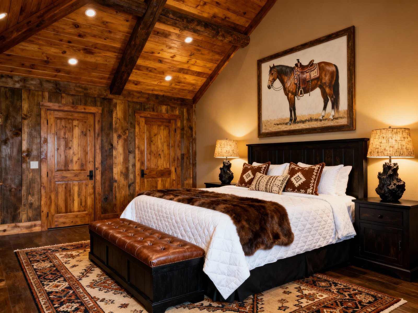 Rustic Western Bedroom Leather, Wood & Navajo Print Decor Inspiration