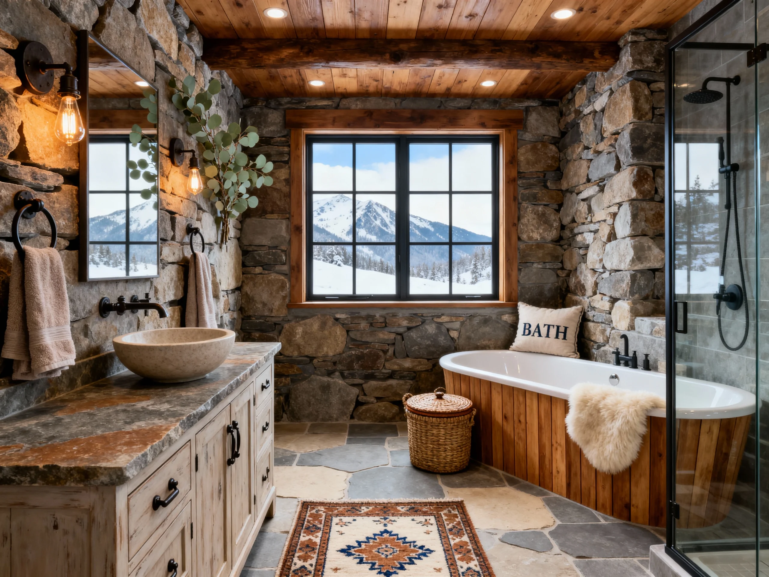 Cozy Warm & Inviting Old Cabin Bathroom with Cast Iron Tub